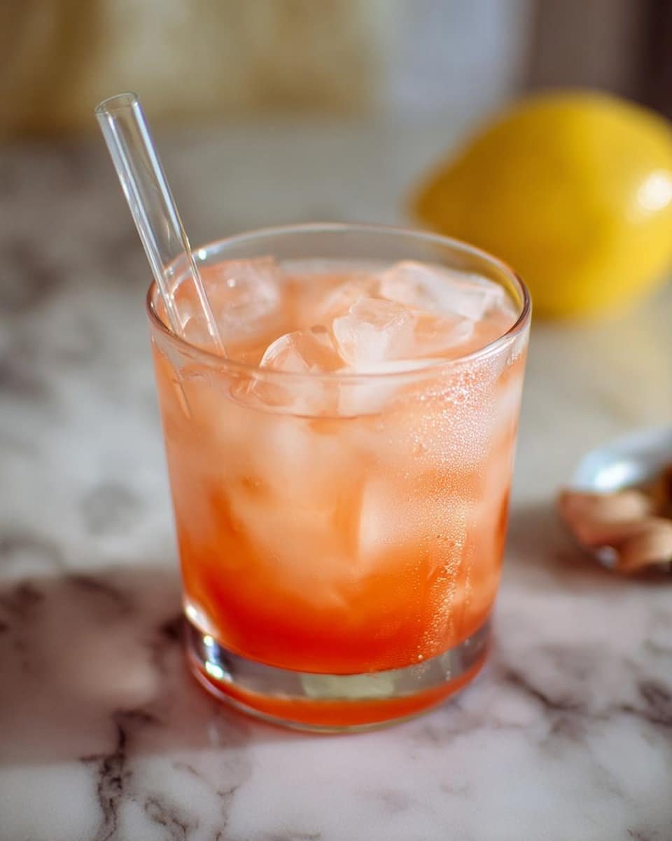 A clear glass filled with large ice cubes and a pink-orange drink, sitting on a white marbled surface. Behind the glass, there is a clear measuring cup partially filled with the same pink-orange liquid, showing red measurement markings. To the left of the glass, there is a half lemon with the cut side facing up. The background is plain and light-colored. photo taken with an iphone --ar 4:5 --v 7