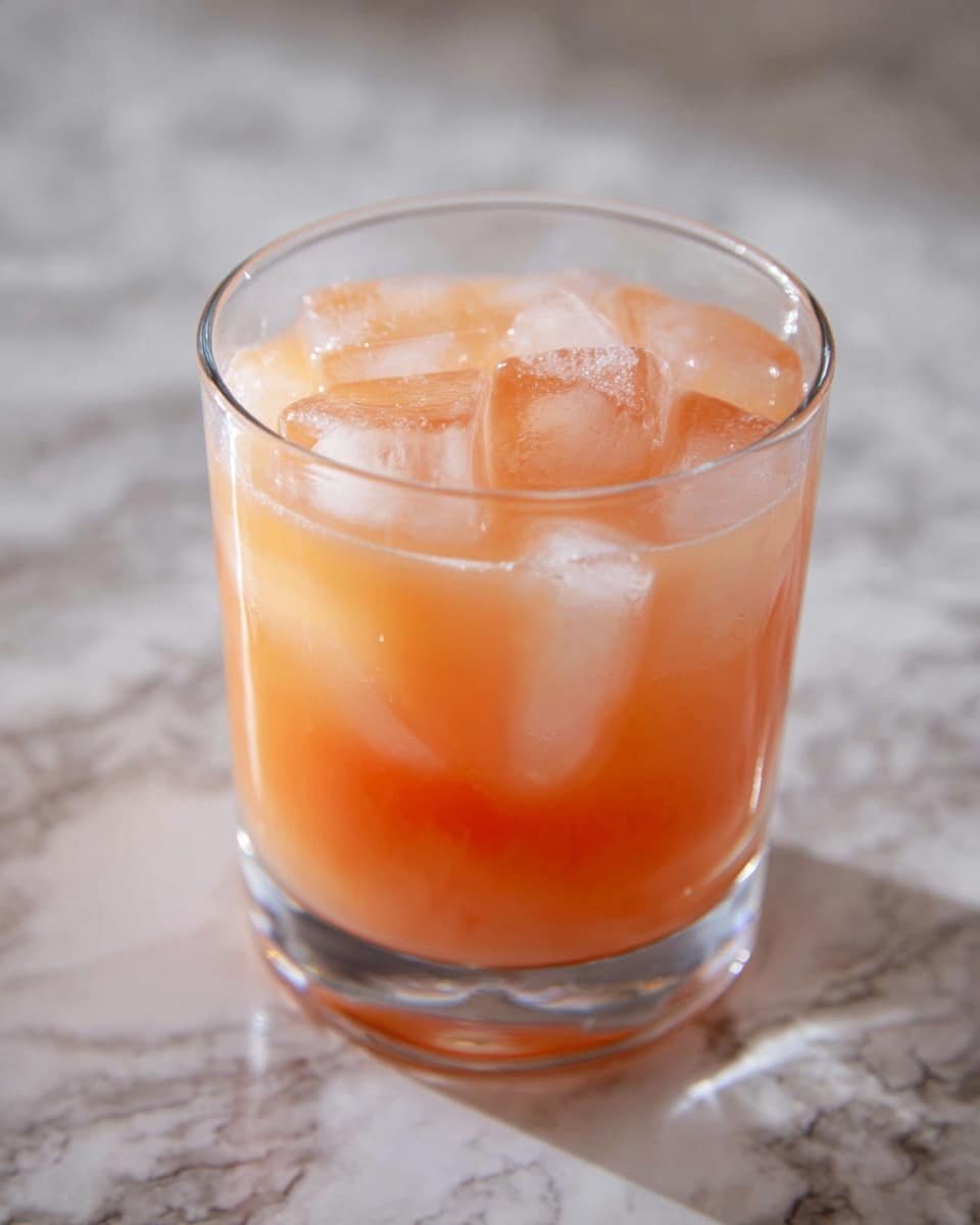 A short clear glass holds a drink with three visible layers: a light reddish-orange layer at the bottom, a pale pink middle layer, and a translucent top layer filled with ice cubes. A clear straw stands upright in the glass, showing condensation on the cold surface. The glass sits on a white marbled surface, with a blurred yellow lemon half and a small item in the background, softly focused. Photo taken with an iphone --ar 4:5 --v 7