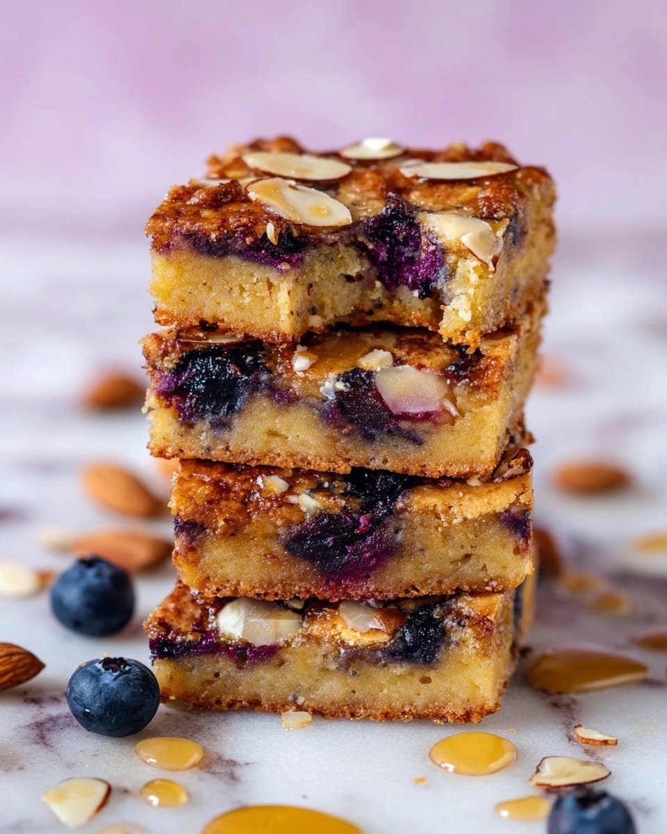 A stack of four square blondie bars shows three full layers with textured golden-brown surfaces sprinkled with light almond slices. Each layer contains visible dark purple blueberry pieces embedded inside, adding contrast against the soft, moist yellow base. The top blondie has a small bite taken, revealing a gooey interior with blueberries. Around the stack, a few loose blueberries and almond slices lie on a white marbled surface, with a thin drizzle of honey trailing nearby. photo taken with an iphone --ar 4:5 --v 7