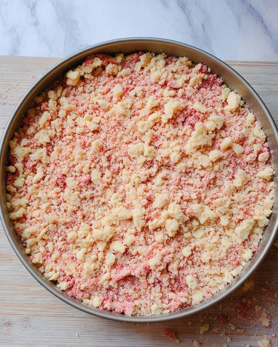 The image shows a round baking pan filled with a crumbly mix that has two main colors: light yellow and pinkish red. The crumbs look uneven in size, with some larger chunky pieces scattered on top and many tiny grains forming a rough, textured layer. The mix has a dry, slightly powdery look and covers the whole surface of the pan evenly. The pan sits on a light wood surface, but the background is described as white marble texture. Photo taken with an iphone --ar 4:5 --v 7
