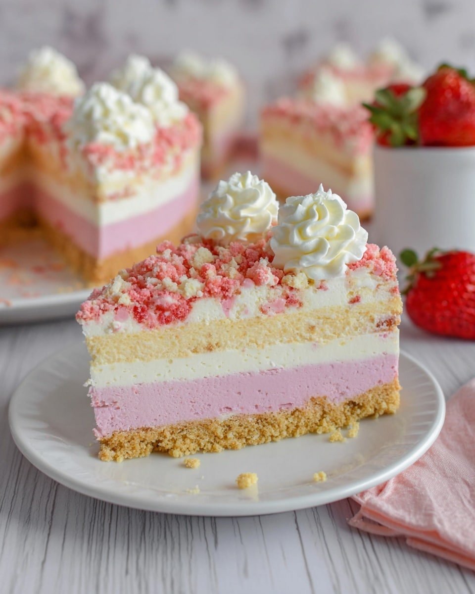 A slice of layered cake on a white plate shows three main layers: a bottom golden crumb crust, a middle light pink creamy layer, and a top creamy white layer. The top is covered with pink and white crumb pieces and decorated with two dollops of white whipped cream. In the background, more slices of the cake are visible on a white platter, along with two red strawberries on a white marbled surface. photo taken with an iphone --ar 4:5 --v 7