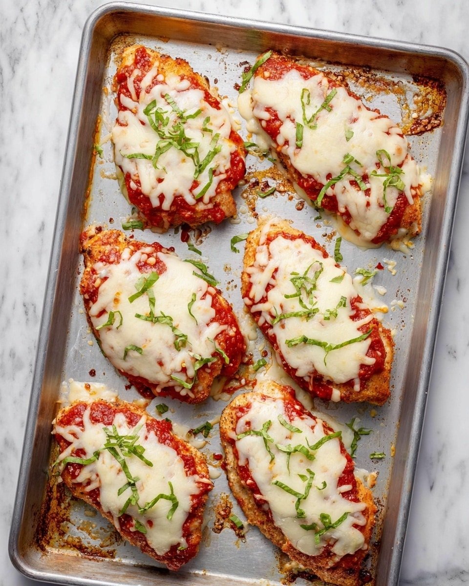 There are six pieces of chicken on a silver baking tray, each topped with a red tomato sauce base, a thick layer of melted white cheese, and some green chopped herbs sprinkled on top. The cheese is slightly browned around the edges and has a soft texture with some small bubbles. The chicken pieces vary slightly in shape but are all covered fully with the sauce and cheese layers. The baking tray has some browned bits and melted cheese spots around the chicken, showing it was freshly baked. The background around the tray is a white marbled texture. photo taken with an iphone --ar 4:5 --v 7