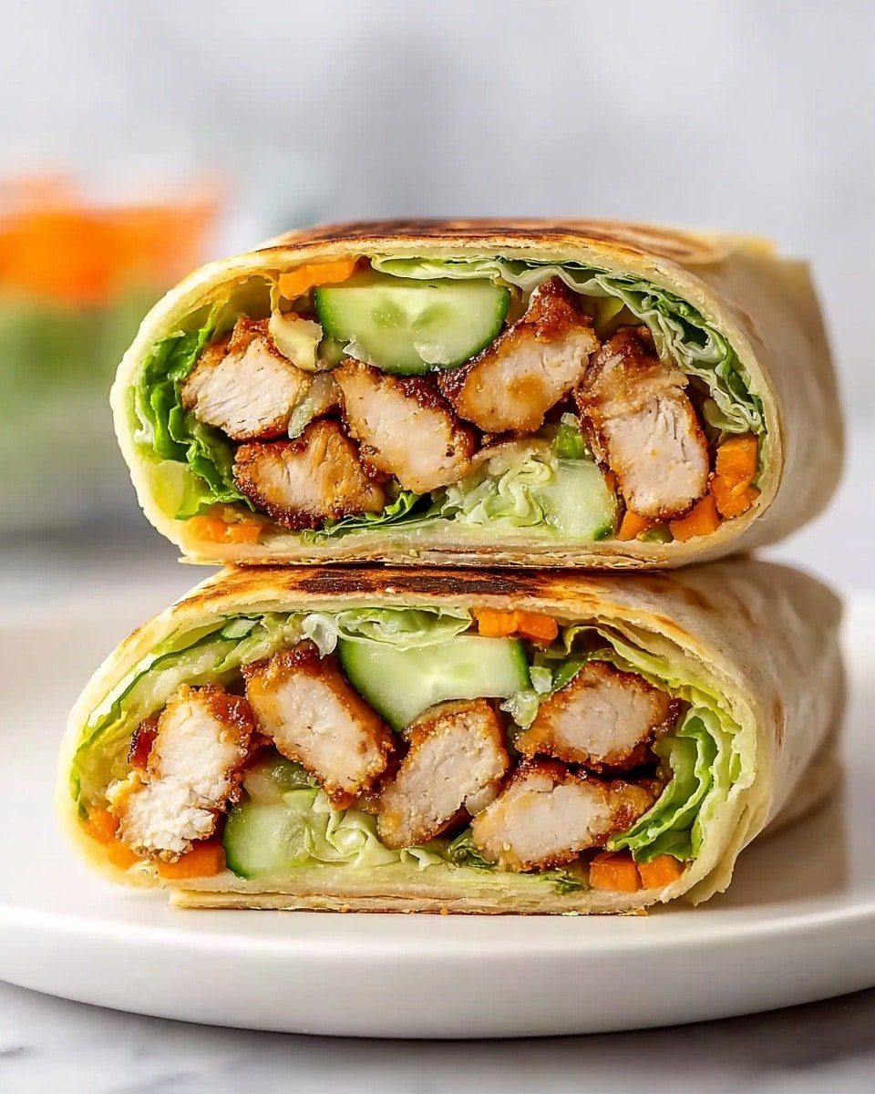 A soft, light brown tortilla is laid flat over a white marbled surface. On top, there is a base layer of fresh, green leafy lettuce. Above the lettuce, golden brown fried chicken pieces with a crispy texture are scattered. Next to the chicken, strips of reddish-brown cooked bacon add a contrast in color. On top of these, several round green pickle slices and small squares of light green celery are spread out. The whole arrangement is finished with drizzles of creamy beige sauce across the top. Photo taken with an iphone --ar 4:5 --v 7