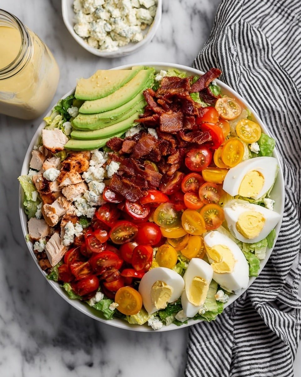 The image shows a white bowl filled with a colorful layered salad, placed on a white marbled surface with a black and white striped cloth beside it. Inside the bowl, the bottom layer is light green chopped lettuce. On top are five distinct layers: on the left, pieces of cooked chicken with white crumbled cheese over it; next to that, several slices of avocado with a smooth green color; in the middle, a thick layer of crispy brown bacon pieces; followed by a row of bright red and yellow sliced cherry tomatoes; and on the right, quarters of hard-boiled eggs with bright yellow yolks and white edges. A small jar of creamy light yellow dressing and a bowl with more white cheese can be seen in the background. Photo taken with an iphone --ar 4:5 --v 7
