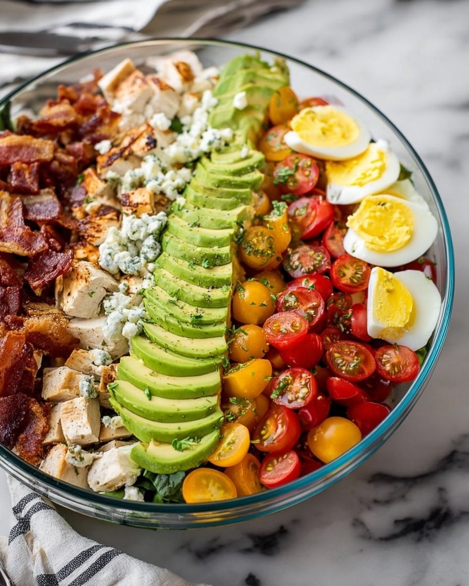 A clear glass bowl holds a colorful layered salad arranged in neat vertical sections. Starting from one side, there are pieces of grilled white chicken with light brown edges, topped with crumbly white cheese. Next to that, several slices of green avocado fan out, sprinkled with small green herbs. Beside the avocado is a layer of crispy brown bacon pieces, followed by a mix of halved red and yellow cherry tomatoes. On the far side, there's a quarter of a boiled egg showing a bright yellow yolk and white outside nestled among the tomatoes. The salad sits on a white marbled surface with a blurred part of a striped cloth visible below the bowl. photo taken with an iphone --ar 4:5 --v 7