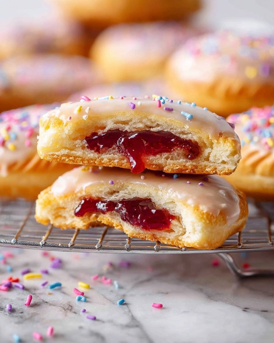 The image shows six rectangular pastries arranged on a silver cooling rack over a white marbled surface. Each pastry has a golden-brown crust with edges pressed down in a fork pattern, creating a ridged texture around the border. On top of each pastry is a thick, smooth layer of white icing that covers about half of the pastry’s surface. Colorful sprinkles in yellow, pink, white, and light blue are sprinkled on the icing, adding a playful, candy-like detail. The pastries are evenly spaced, and a few stray sprinkles are scattered on the surface below. The overall look is warm, fresh, and inviting. photo taken with an iphone --ar 4:5 --v 7
