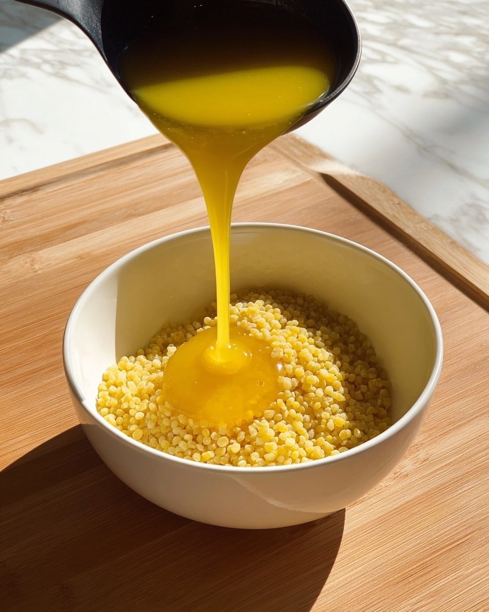 A white bowl filled with yellow soup that has small pasta pieces, sprinkled lightly with green herbs. A golden spoon lifts a spoonful of the small pasta from the center of the bowl, showing its soft, grainy texture. The bowl sits on a wooden board, with soft natural light casting gentle shadows. A woman's hand holds the spoon on the right side of the image. The background is a white marbled surface photo taken with an iphone --ar 4:5 --v 7