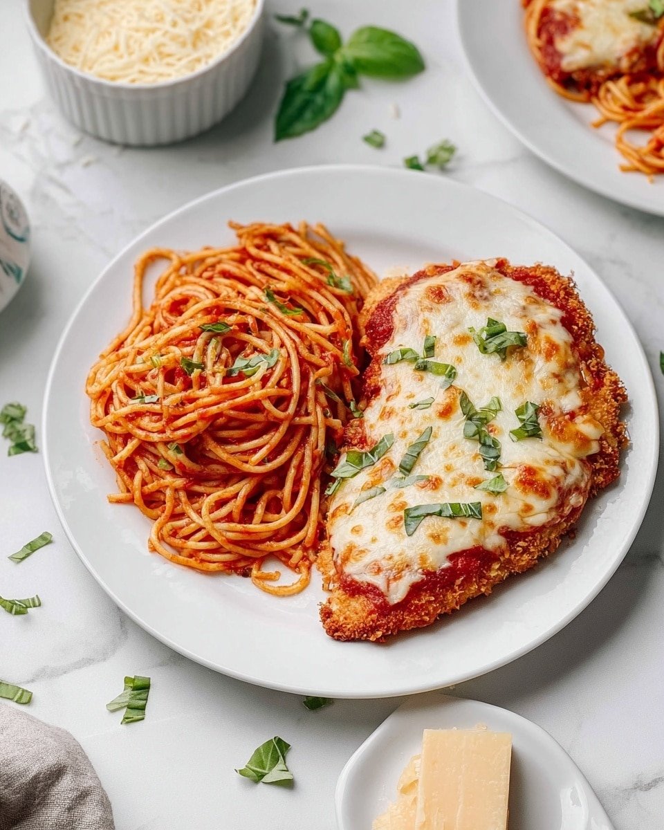 A white plate on a white marbled surface holds a serving of spaghetti and chicken parmesan. On the left side, there is a pile of spaghetti coated in bright red tomato sauce with small green basil leaves scattered on top. On the right side, a breaded chicken fillet is covered with melted white cheese and tomato sauce, sprinkled with green basil pieces. Around the plate, there are scattered green basil leaves and a white bowl filled with grated cheese at the top left, along with a small piece of cheese on a white dish at the bottom right. Photo taken with an iphone --ar 4:5 --v 7