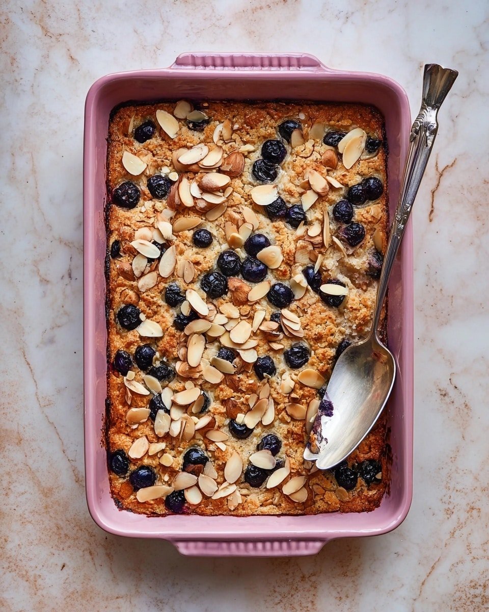 A rectangular baked dish filled with a golden-brown dessert that has a rough texture. The top layer is decorated with scattered dark blueberries and light tan, thinly sliced almonds, some of which are toasted. The dish has raised edges and is pale pink in color. A vintage silver serving spatula rests on the right side of the dish. The whole setup sits on a white marbled surface. photo taken with an iphone --ar 4:5 --v 7
